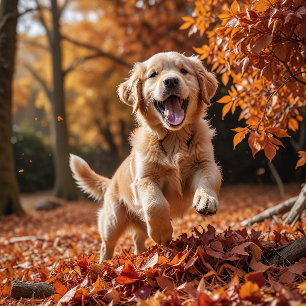 Golden Retriever Puppy Leaping in Autumn Leaves