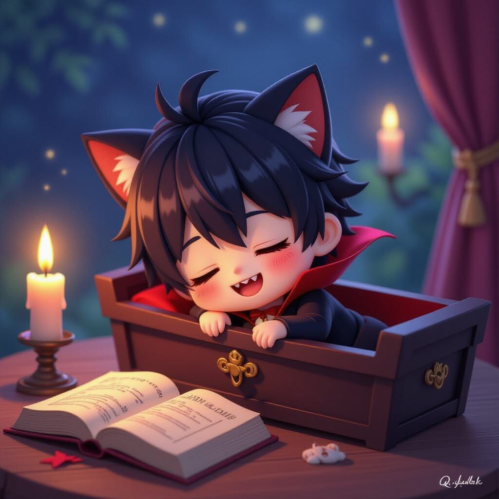 Adorable Chibi Vampire Catboy Sleeping in Coffin