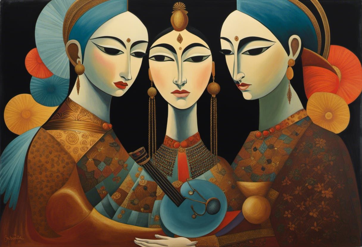 Hindu Trinity in Watercolor with Ink Calligraphy