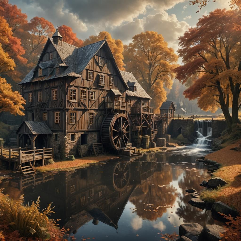 German Colonial Watermill in Autumn Landscape