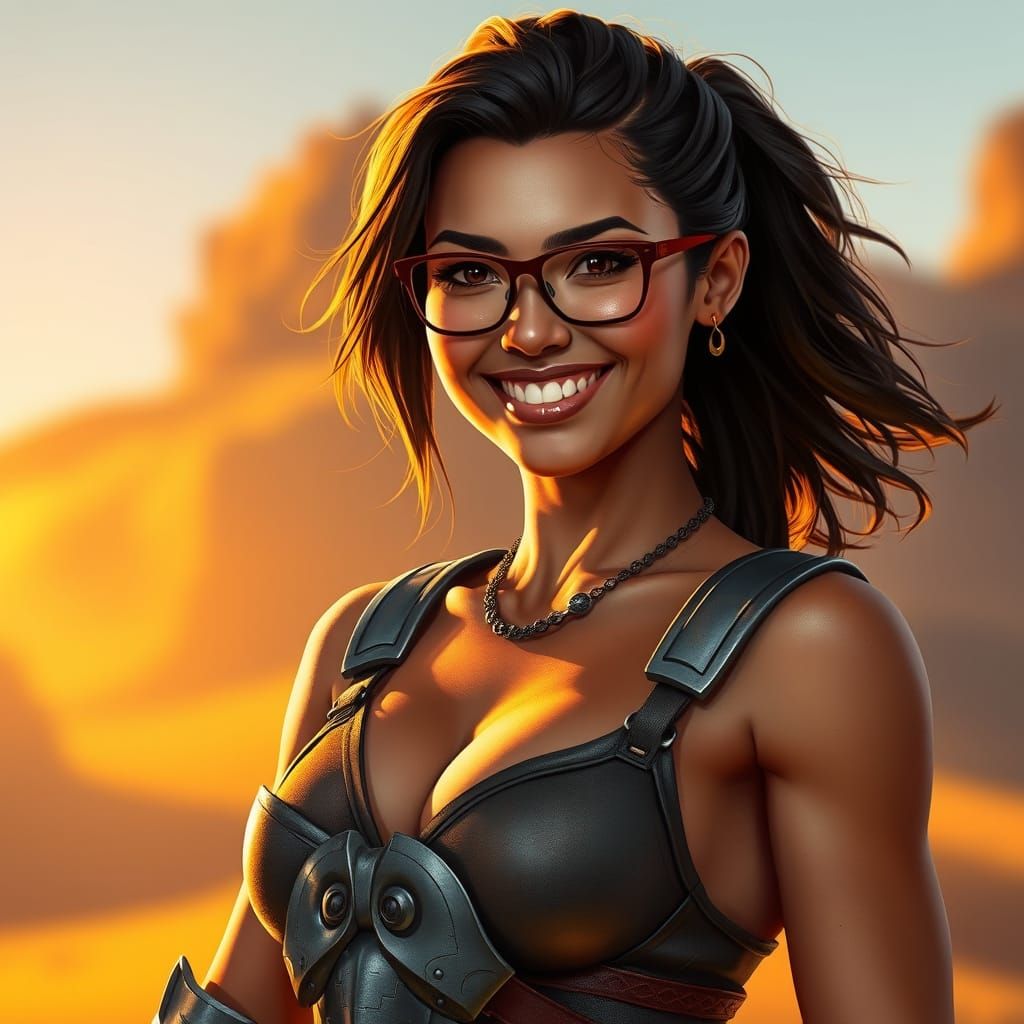 Armored Woman in Desert Sunset, Fantasy Realism