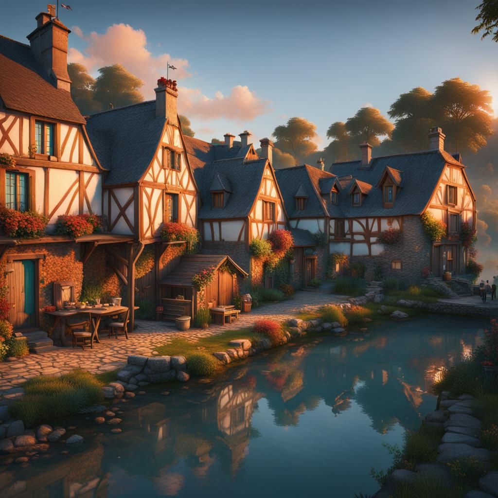Brittany Village at Sunset: Art Nouveau Concept