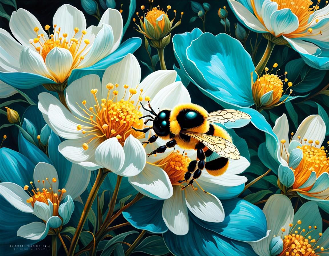 Bee Gathering Honey Among Fairyland Flower Petals