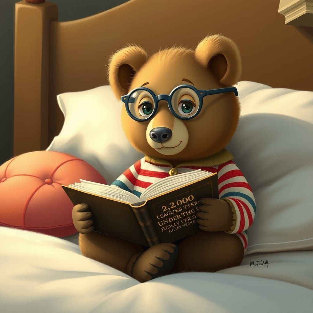 Bear Reads Jules Verne in Children's Book Illustration