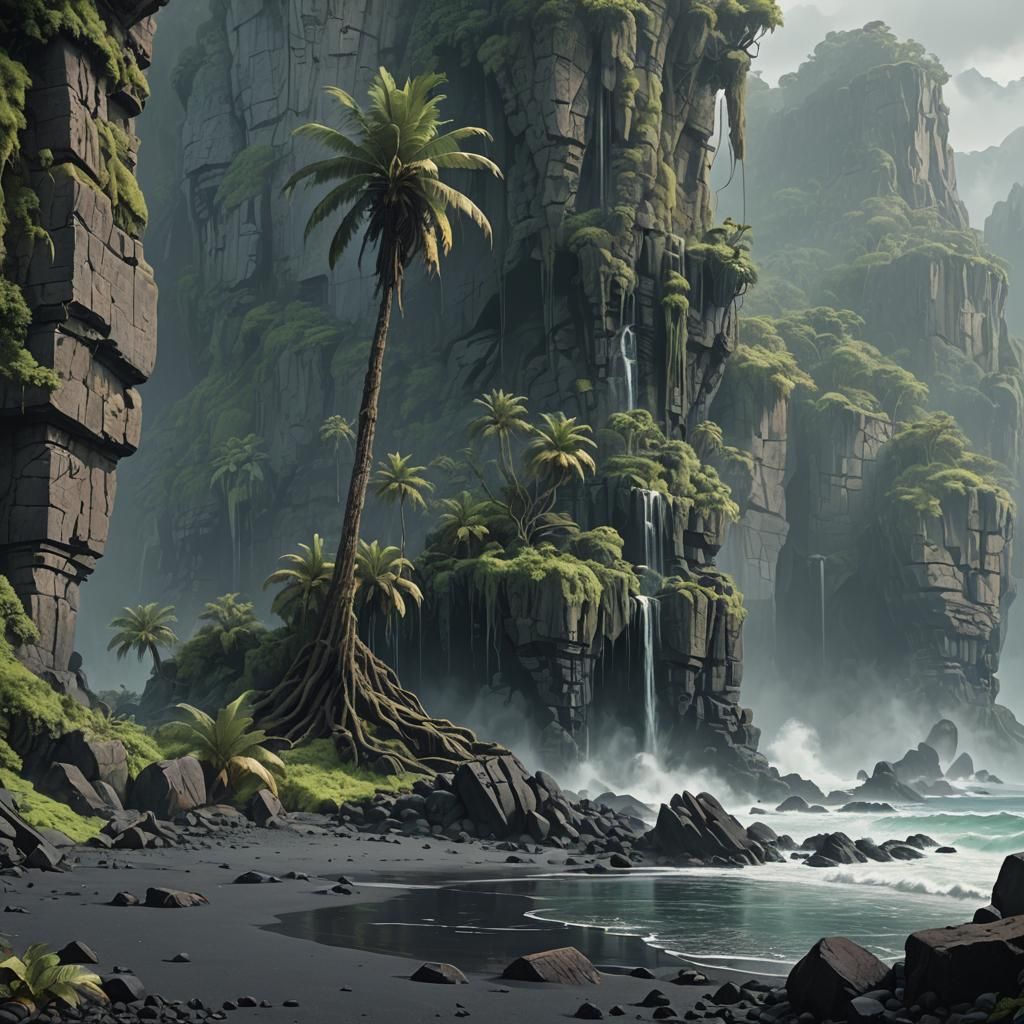 Mysterious Lost Island with Palm, Matte Painting