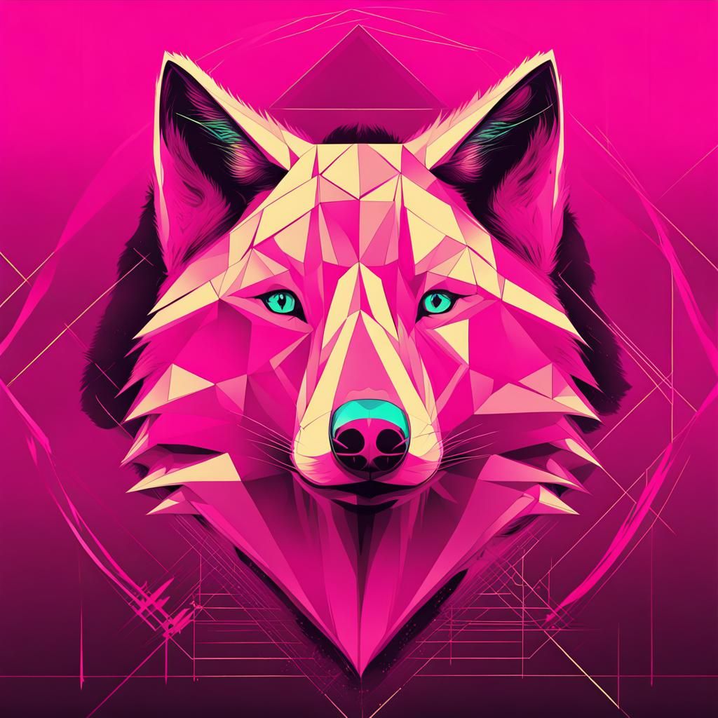 Pop Art Pink Wolf Digital Artwork in Triadic Colors