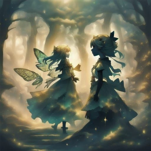 Girls Explore Enchanting Secret Garden in Digital Painting