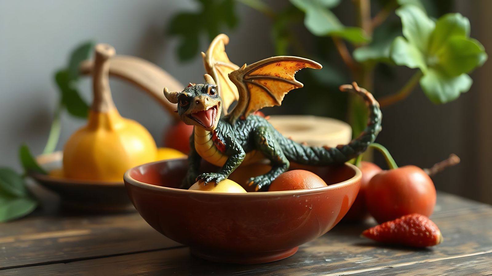 Whimsical Miniature Dragon on a Fruit Bowl