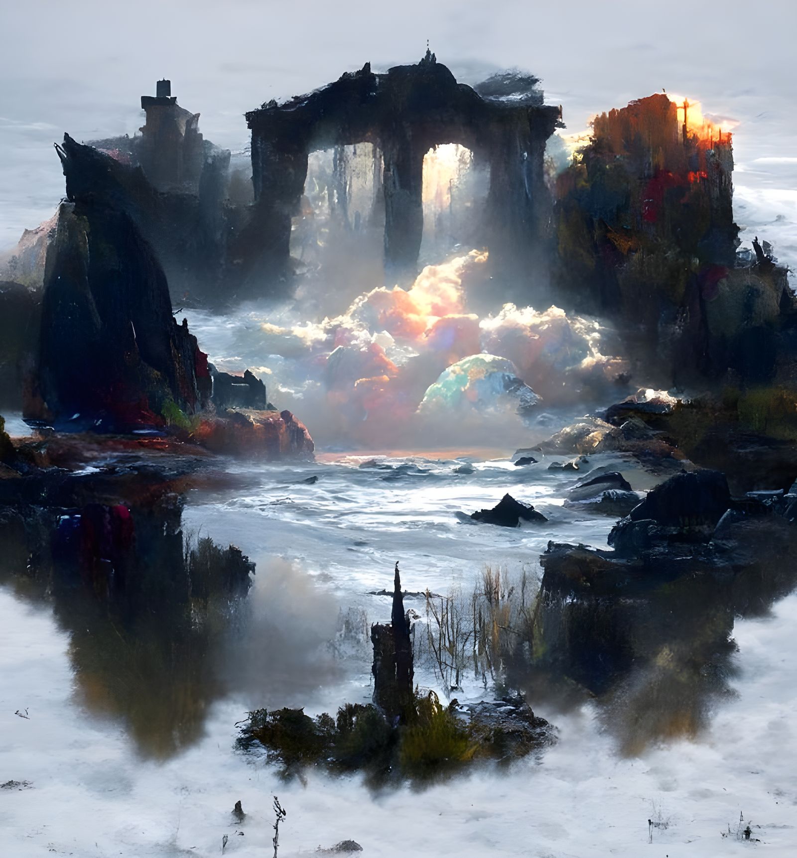 Apocalyptic Sea: Ruined Church Under Stormy Moonlight