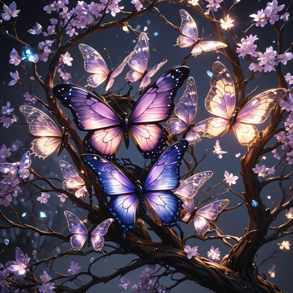 Glowing Butterflies with Iridescent Wings in Anime Art
