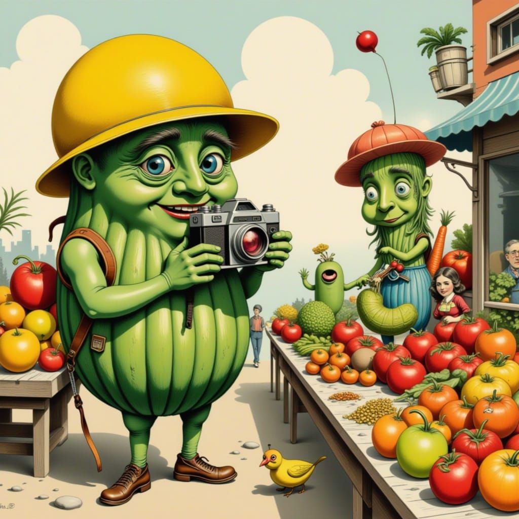 Veggie Family at Market, Whimsical Watercolor Style