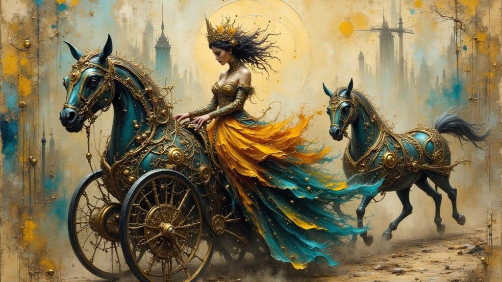 Steampunk Princess in Ornate Carriage Through Grungy City