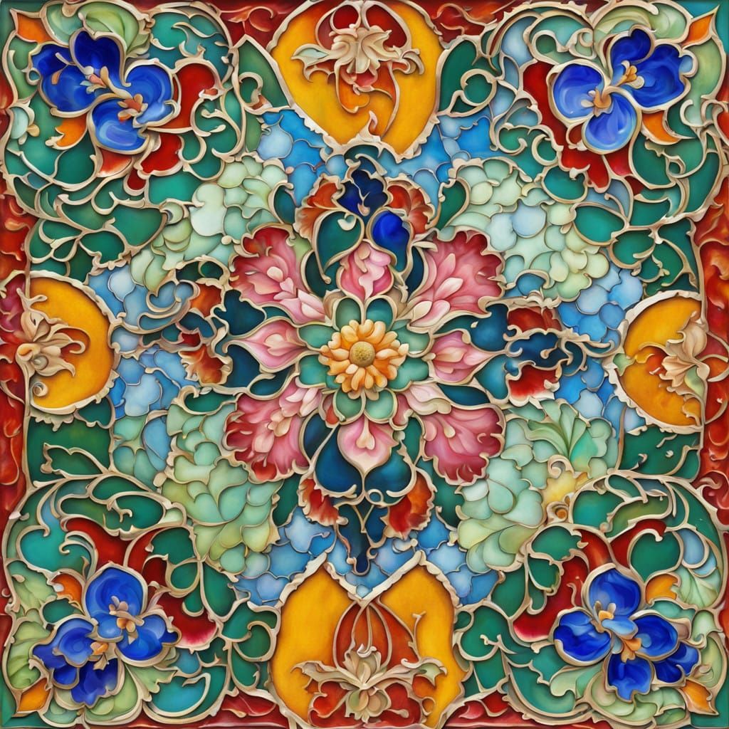 Arabesque, Cloisonné, flower, liquid Enamel painting, oily glossy colors, green, blue cobalt, ruby red, orange, yellow, ...