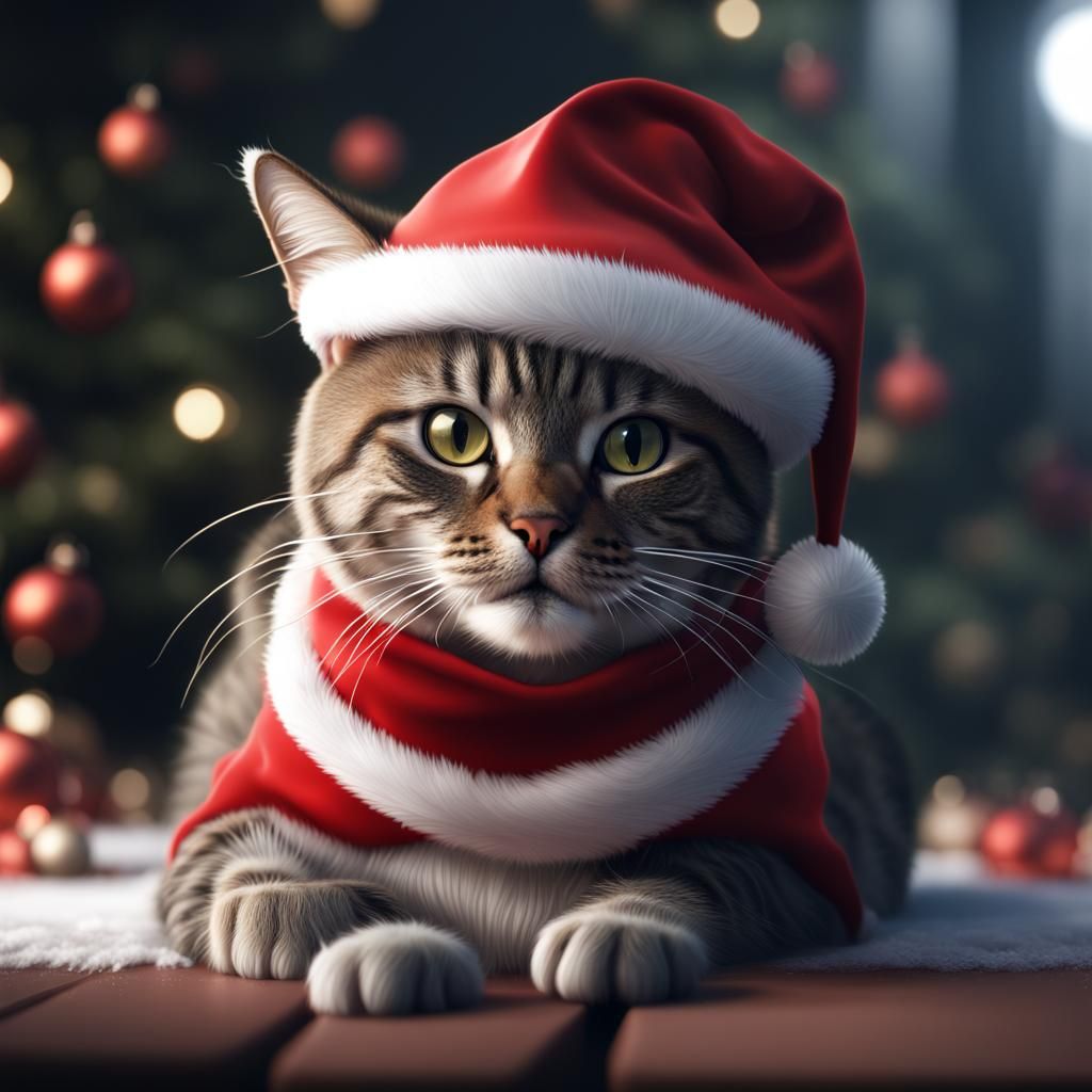 Cat in Santa Hat: Detailed Matte Painting