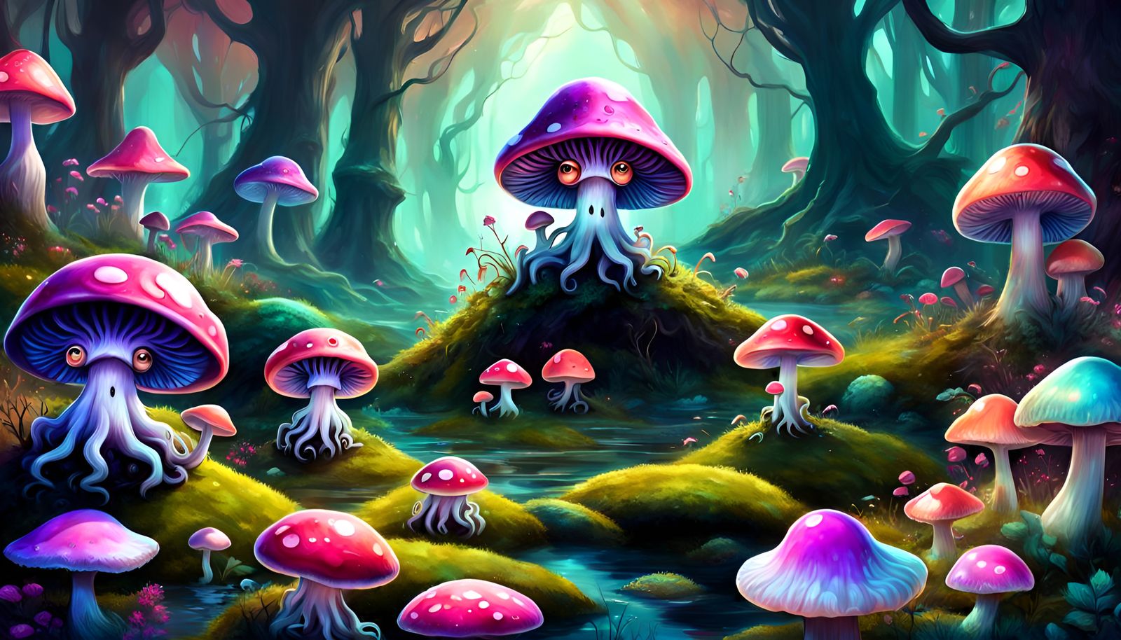 Cute Fungal Beings in Dreamy Lovecraftian Landscape