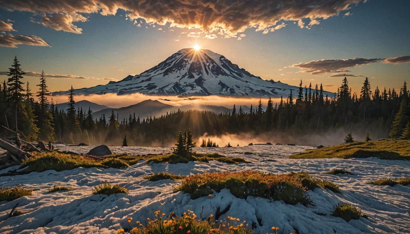 Mt. Rainier Shadow at Sunrise: 8k CGI Masterpiece