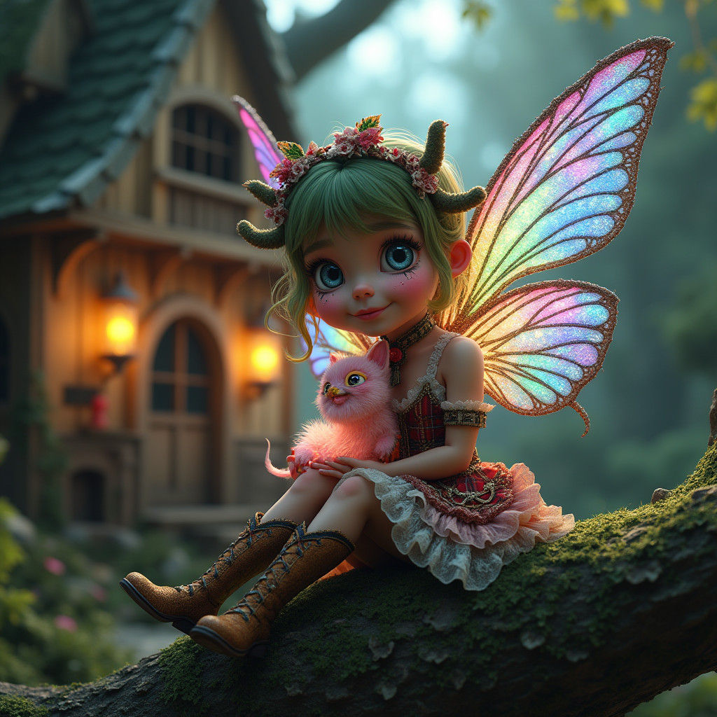 Punk Rococo Fairy with Glowing Pet, Matte Painting
