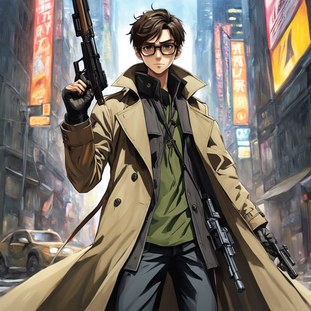 Anime Teen in Khaki Trench Coat with Rifle