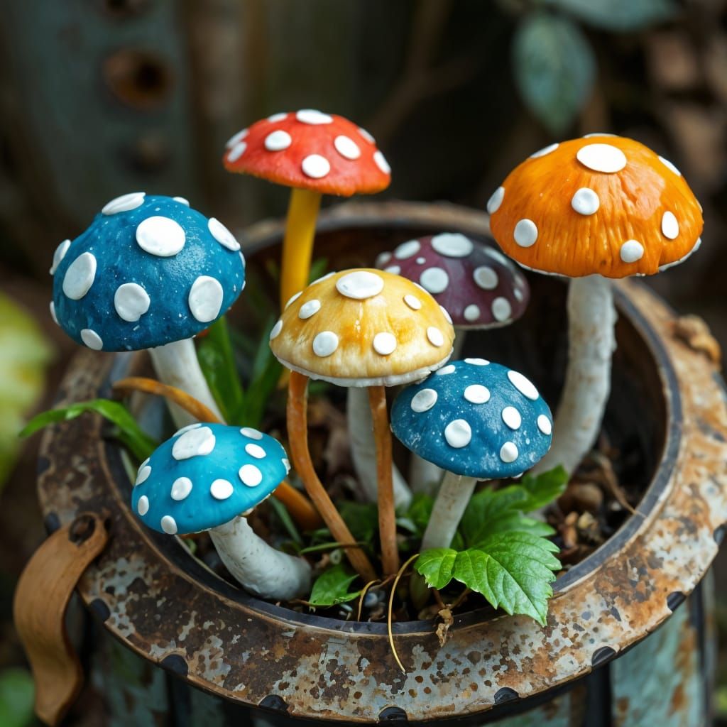 Colorful Polka Dot Mushrooms on Rusty Bucket