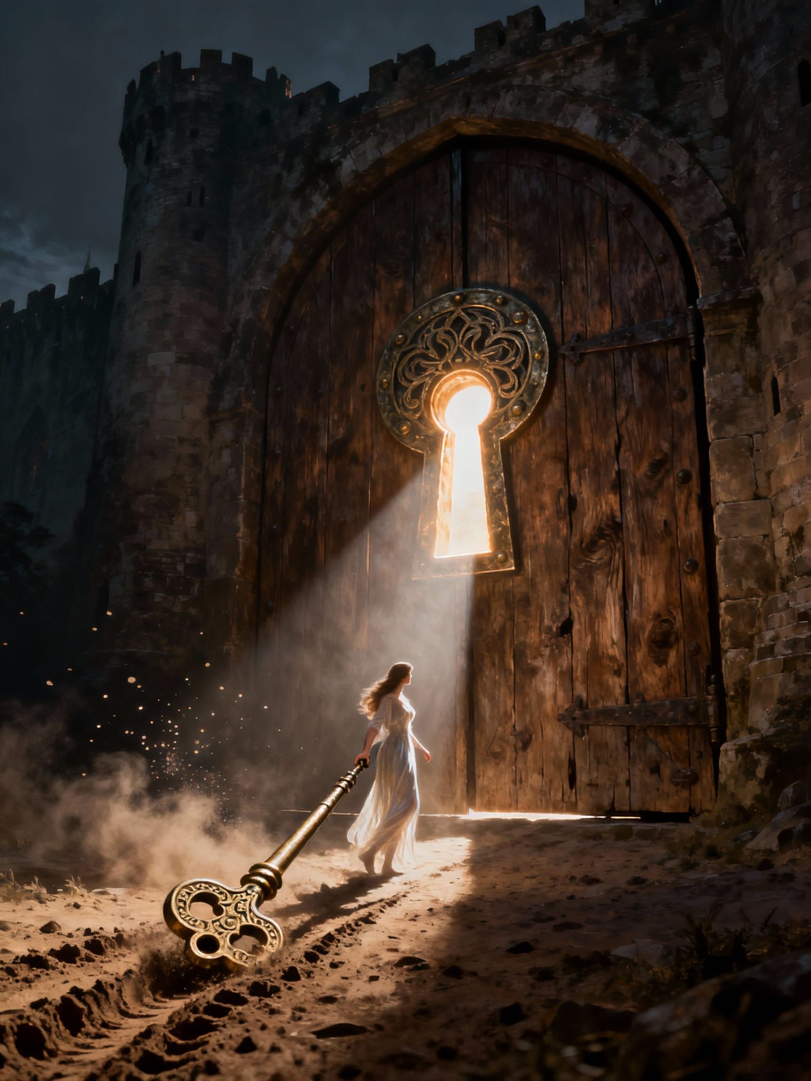 Ethereal Woman Illuminated by Glowing Keyhole Door