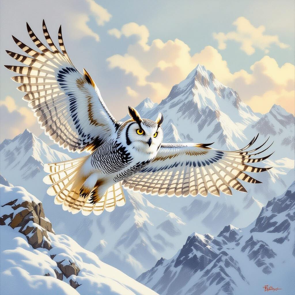 Snow Owl Soaring Above Himalayas in Wildlife Art Style