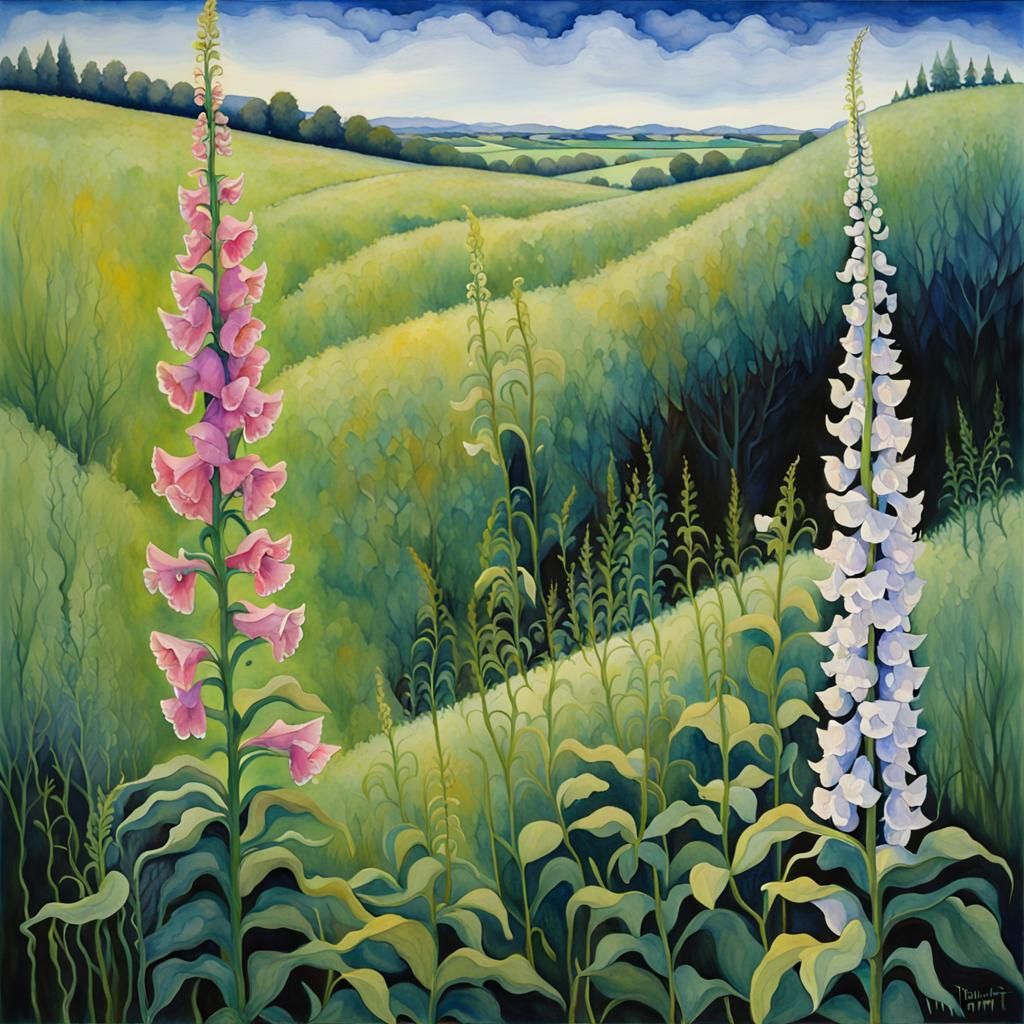 Foxgloves in Grassy Field: Watercolor Fauvist Painting