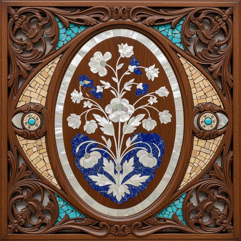 a decorative wooden panel, showcasing an oval-shaped inlaid ...