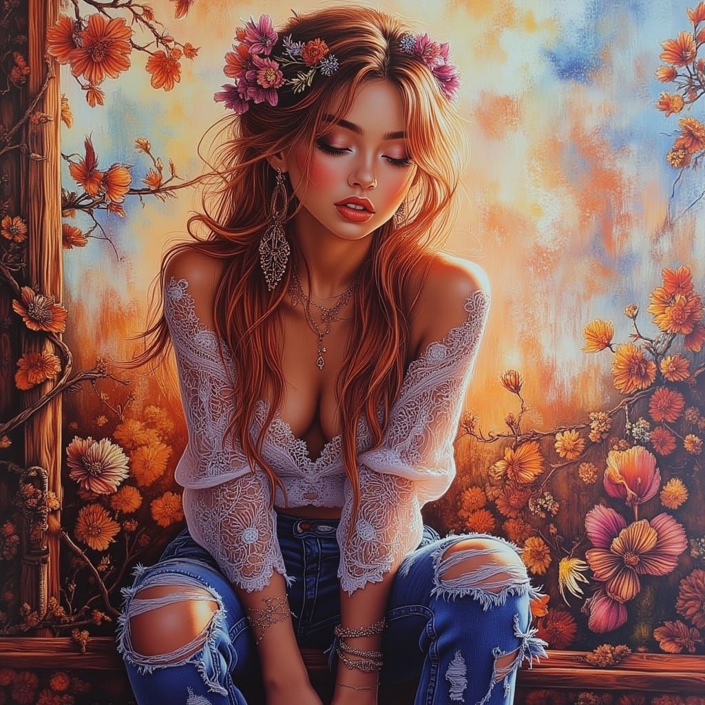 Beautiful Woman in Boho Top and Ripped Jeans