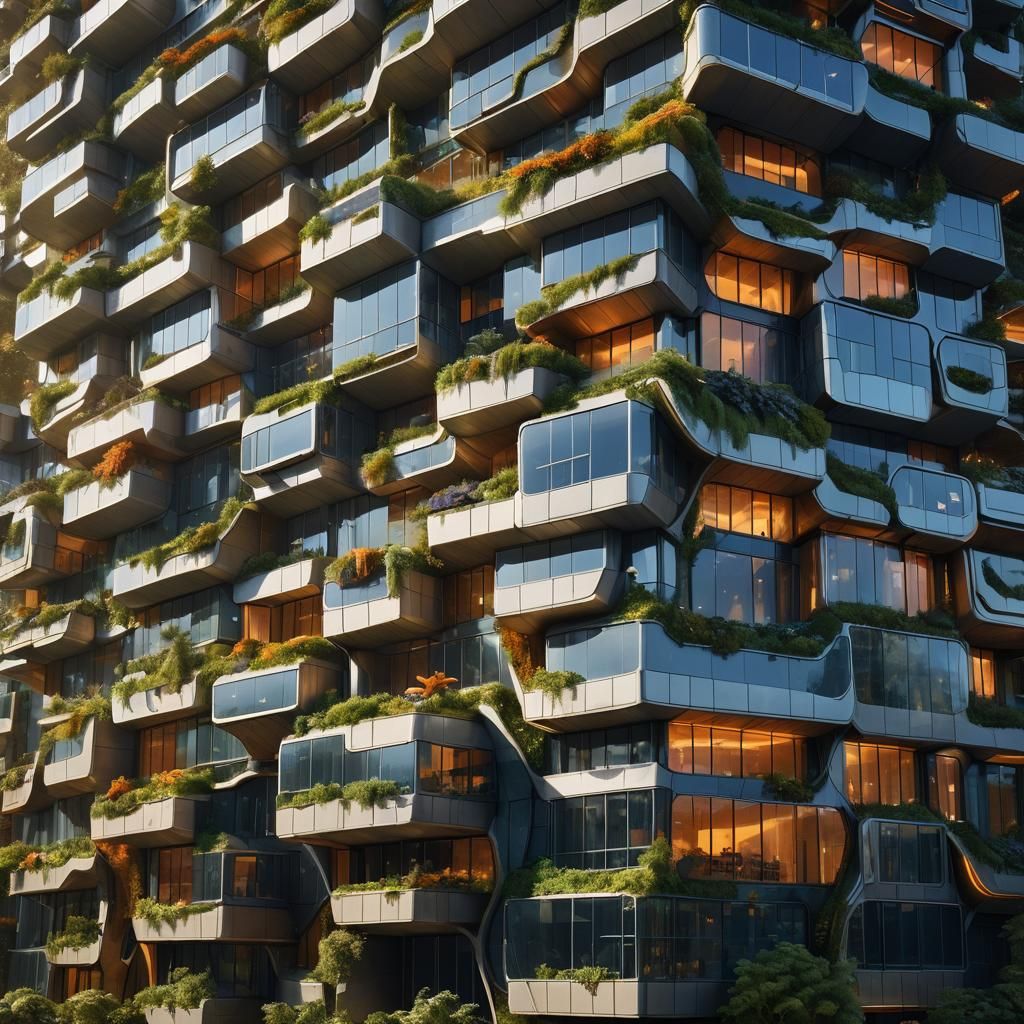 Futuristic Organic Building with Metalwork and Living Walls