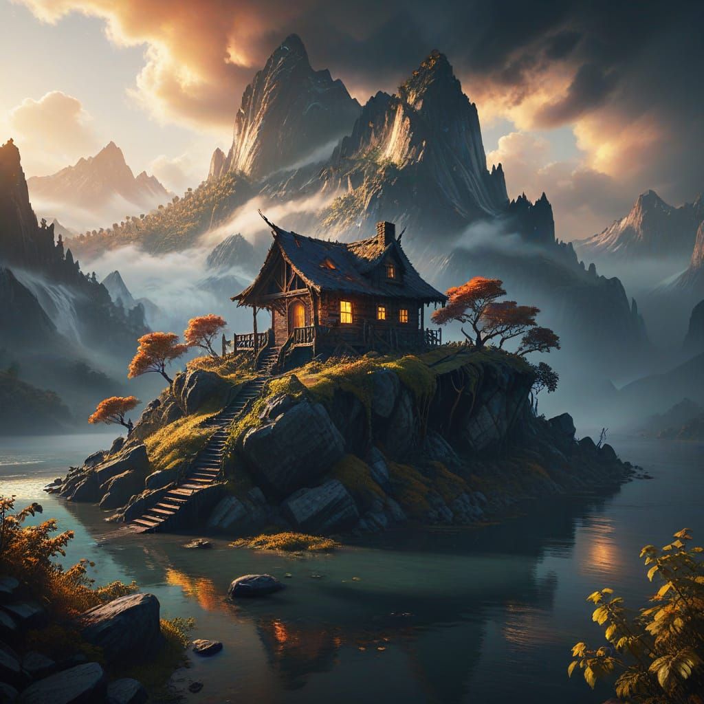 Floating Island Cabin in Dark Fantasy Concept Art