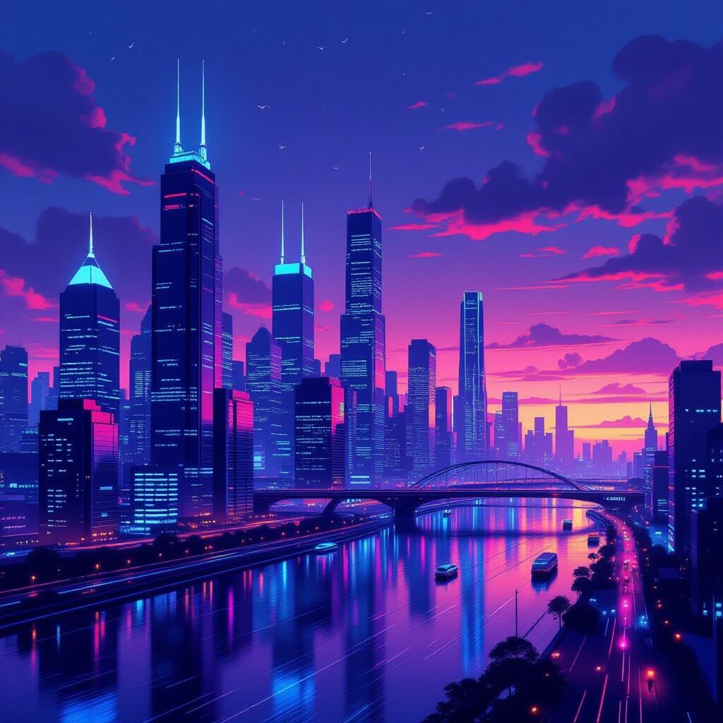 Neon Cityscape at Dusk in Cyberpunk Style