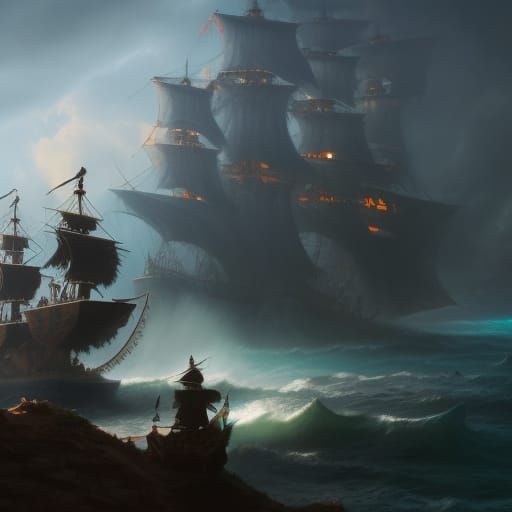 Stormy Pirate Ship Battle in Dark Fantasy Style