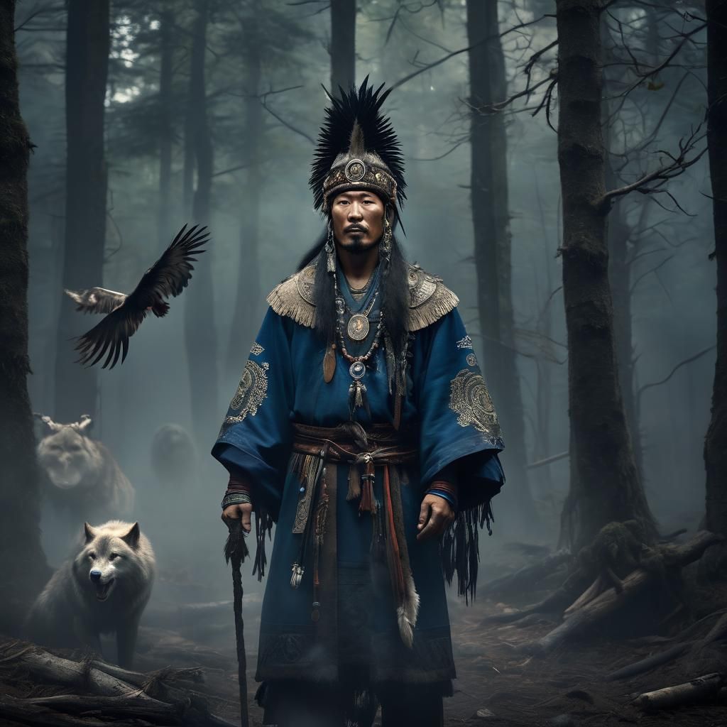 Mongolian Shaman in Misty Forest, Digital Art