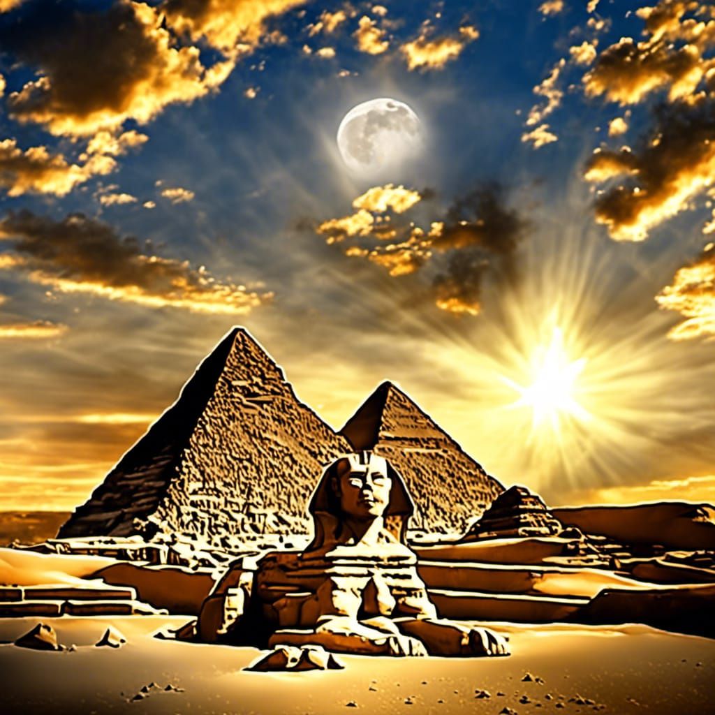 Egyptian Pyramids and Sphinx Under Moonlight