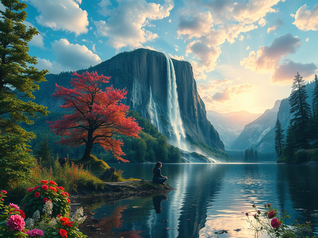 Double Exposure: Lake with Kneeling Woman