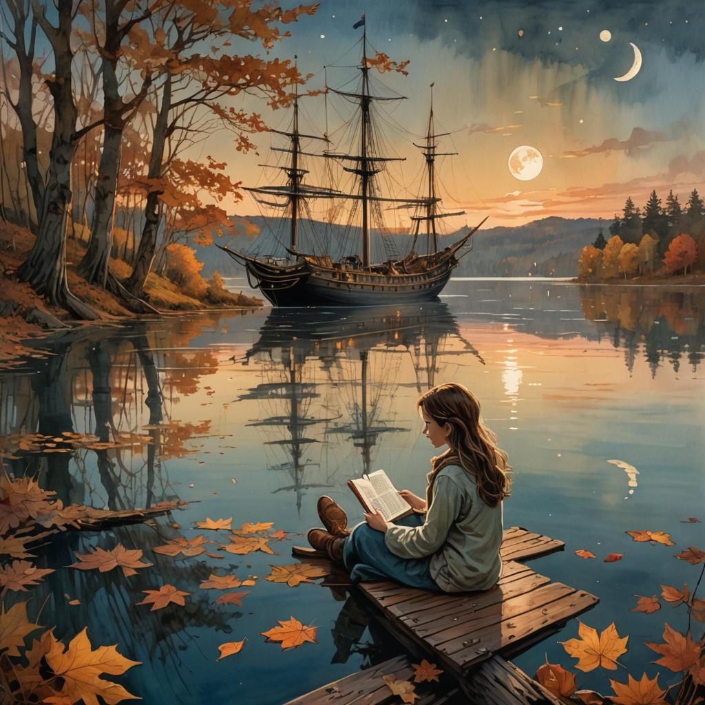 Girl Reads by Lake with Ship and Moon
