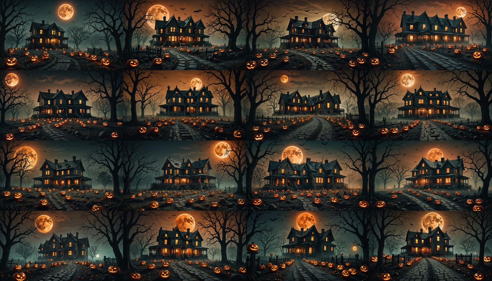 A creaky old house looms under a full blood moon, glowing jack-o-lanterns line the path. Ghosts drift through mist, cast...