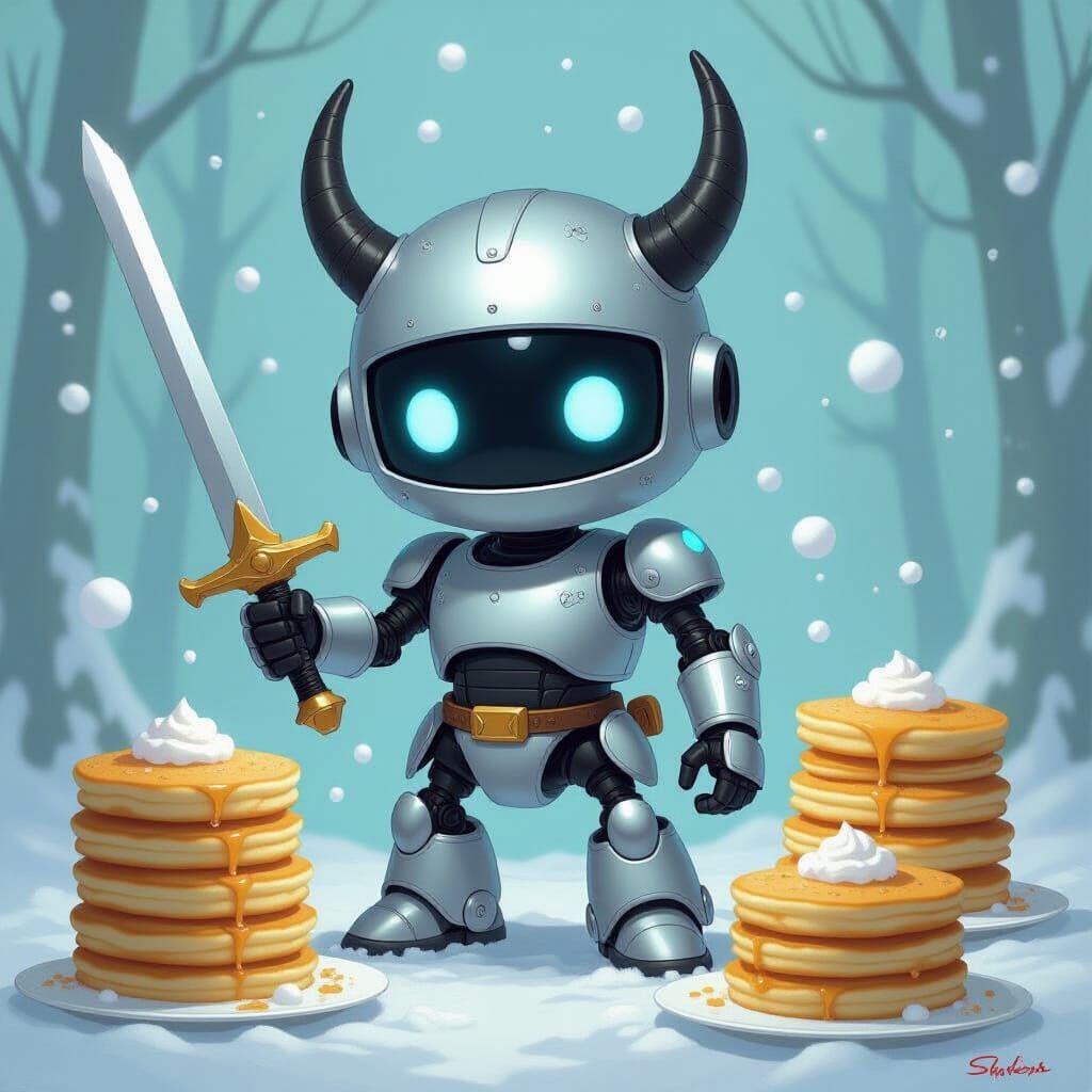 Whimsical Robot Surrounded by Pancakes