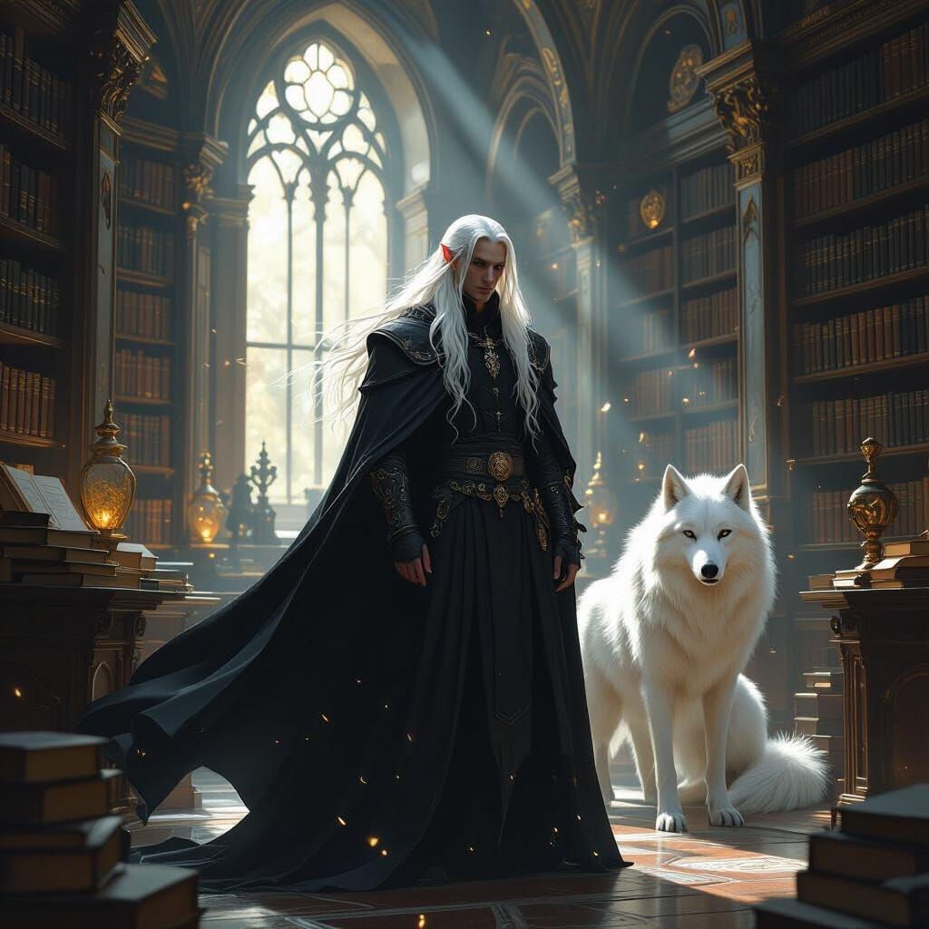 Elf and Wolf in Grand Library, Dark Fantasy Style