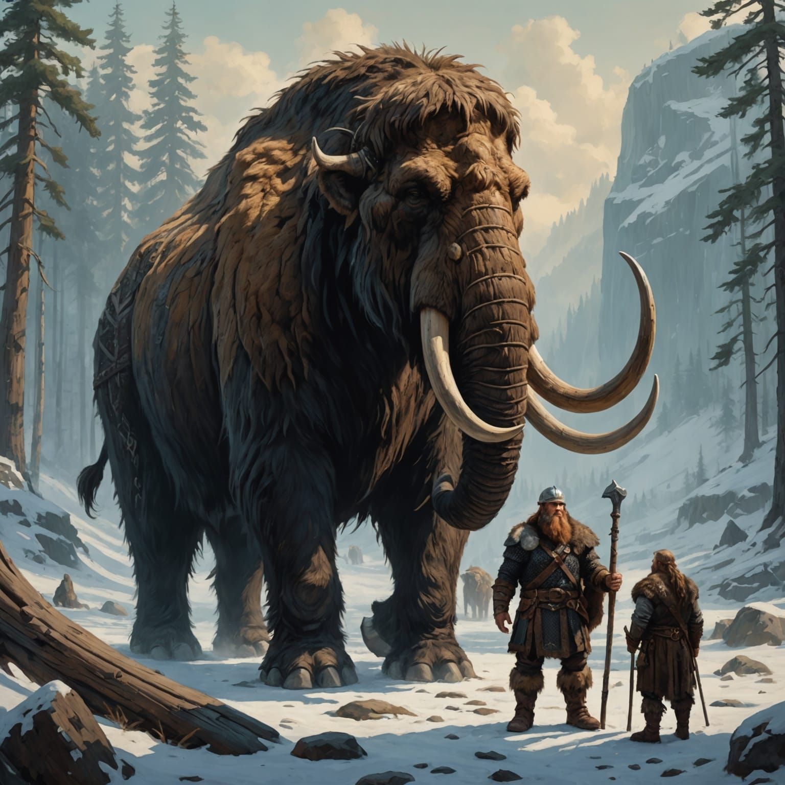 Viking Beserker and Mammoth in Oil Painting Style