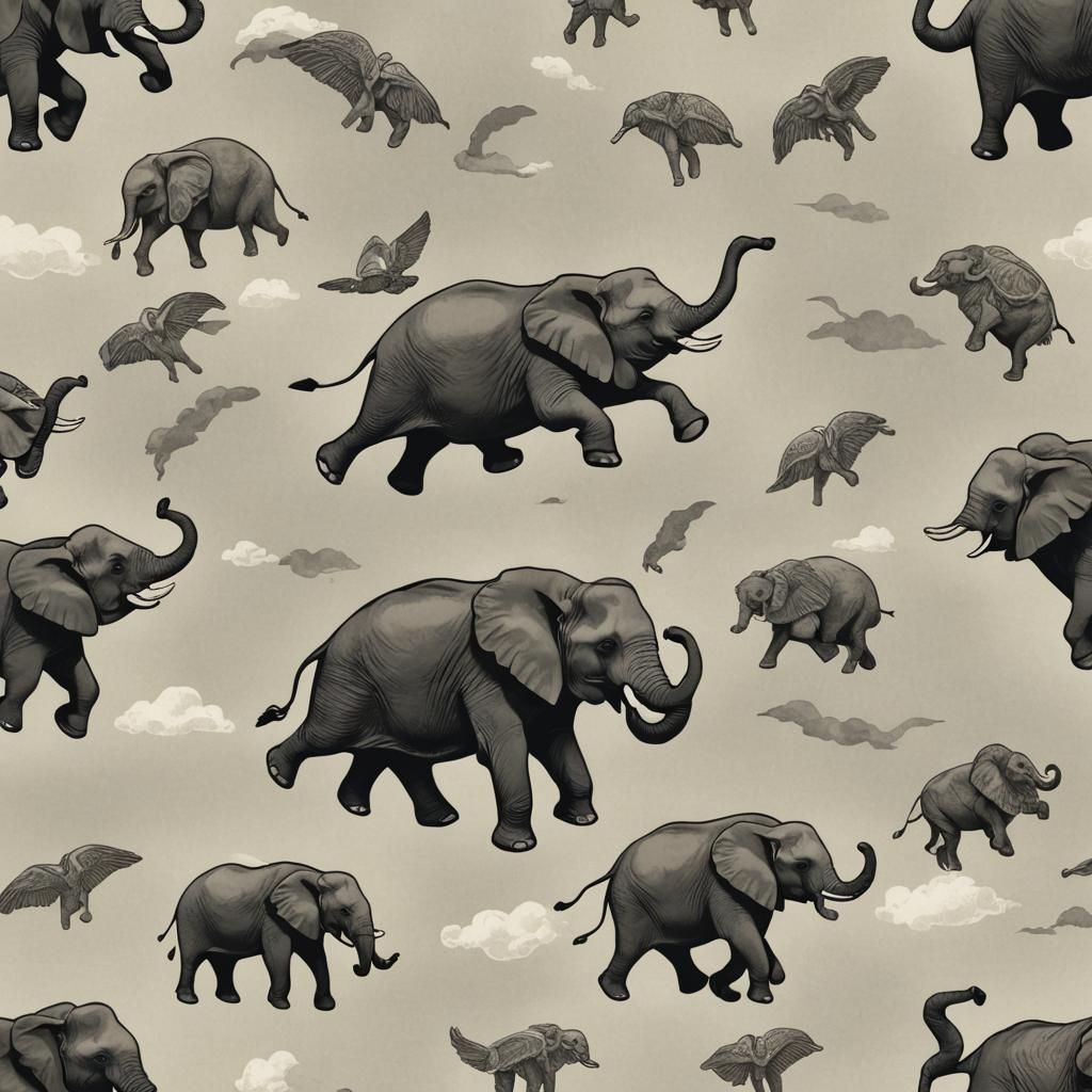Whimsical Flying Elephant in Surreal Scene