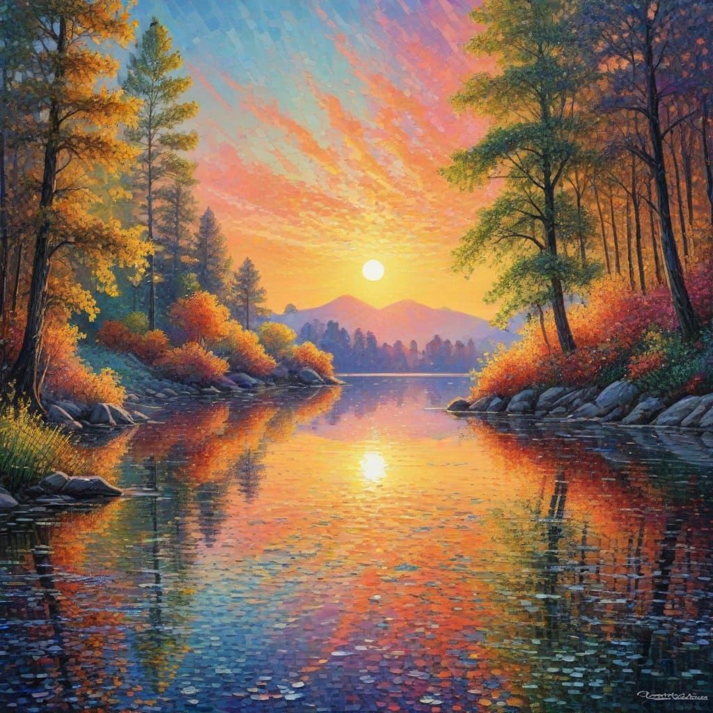 Sequin Art Landscape in Vibrant Pointillism Style