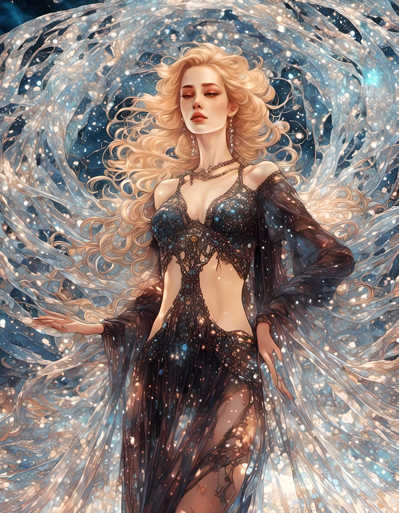 Ghostly Woman in Glass Dress Under Night Sky