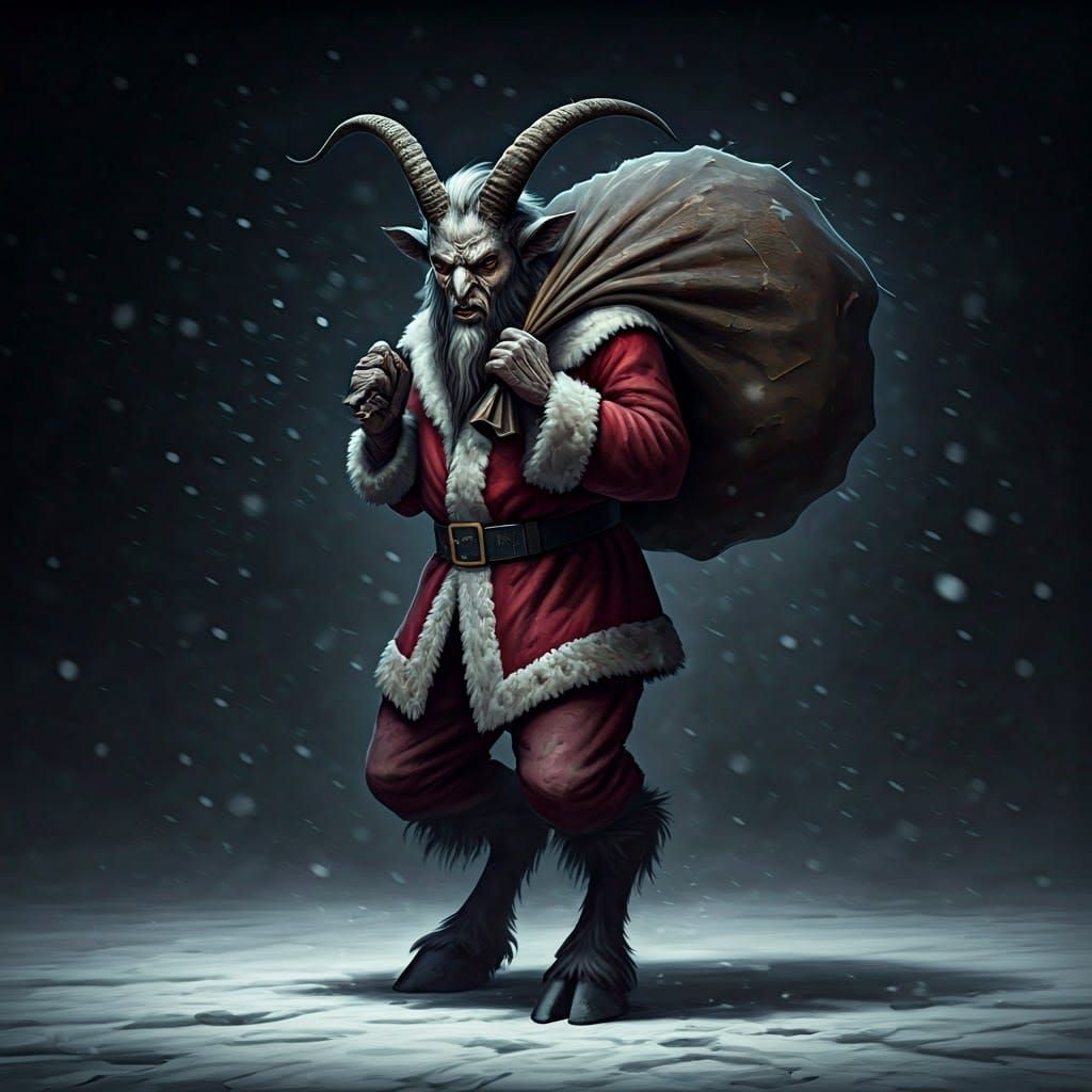 Menacing Krampus in a Snowstorm, Dark Fantasy Art