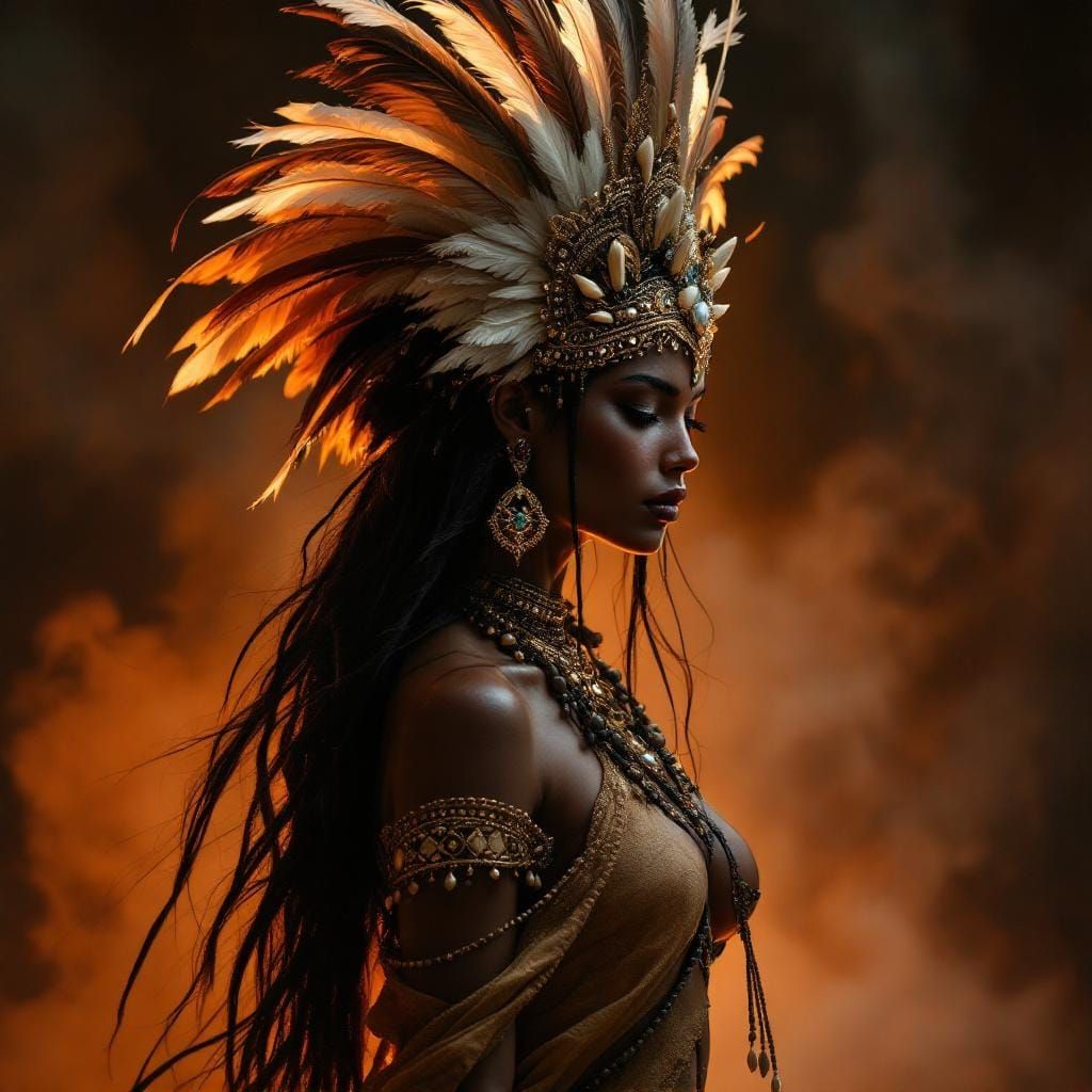 Tribal Goddess Silhouette with Feathered Crown