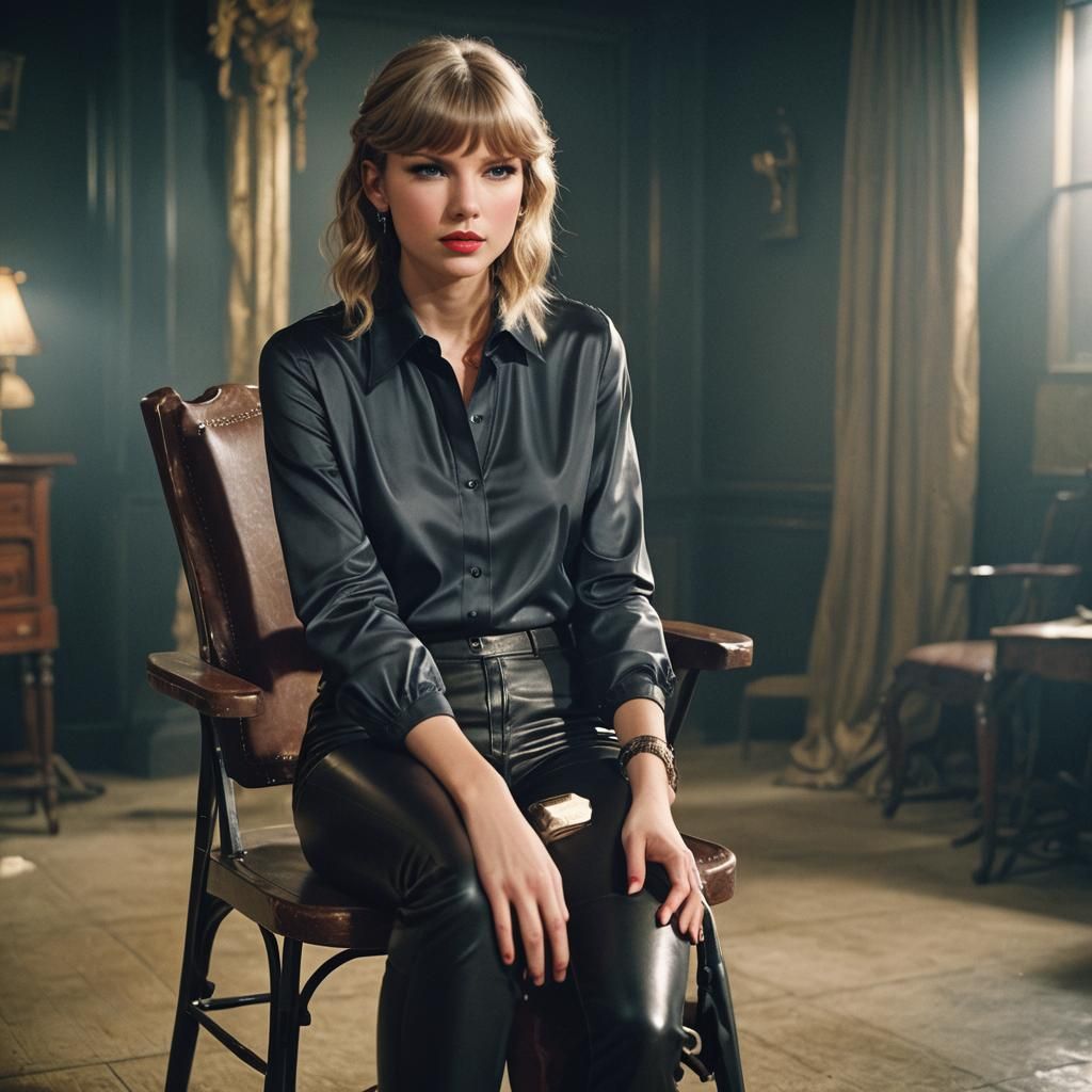Taylor Swift in Leather Trousers: Cinematic Film Still