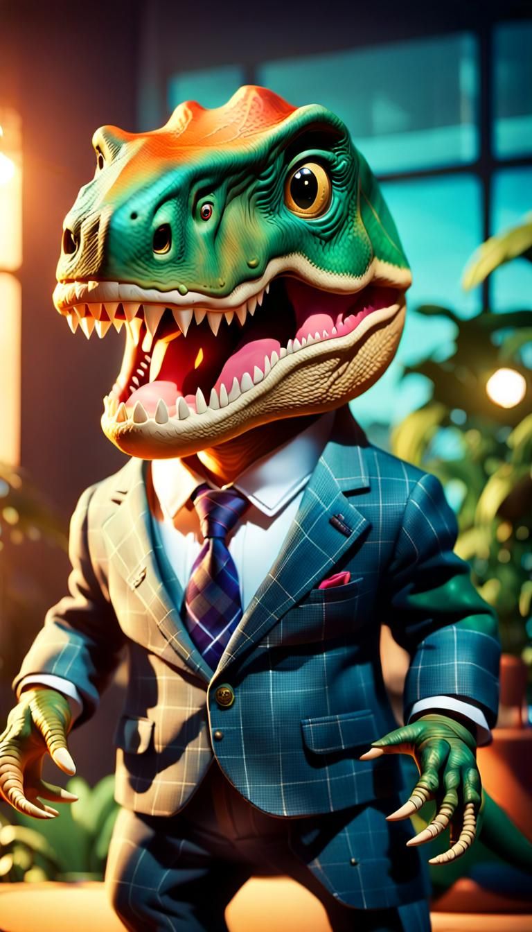 Chic T-Rex in Chic Suit Smiles Wide