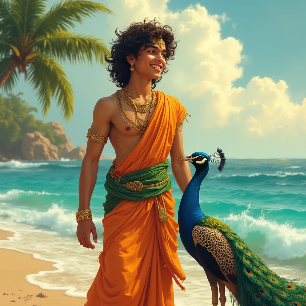 Lord Murugan Smiles Beneath a Majestic Peacock in Vibrant Se...