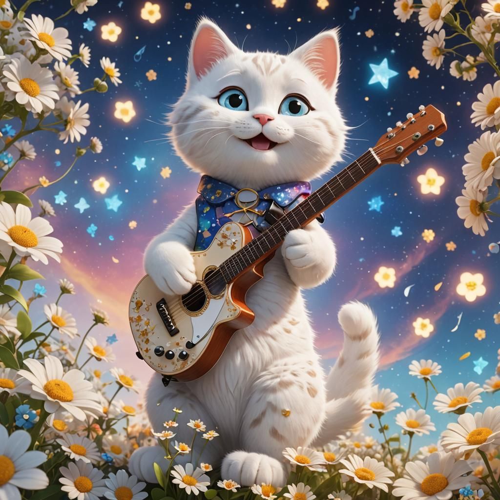 Cute Kitty Plays Guitar in Flower Field