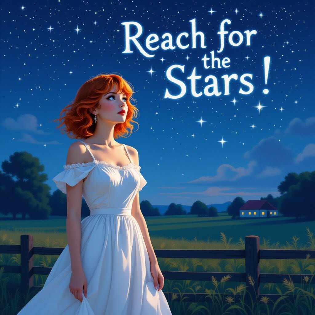 Dreamy Nightscape: Woman Reaching for Stars